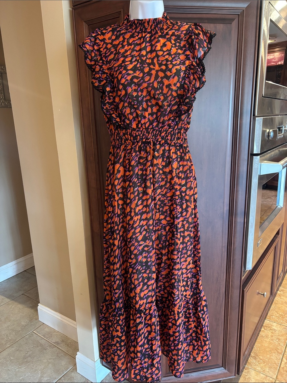 eesome Orange and Black Printed Maxi Dress with Smocked Waist
